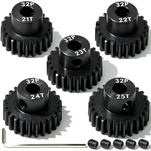 5Pcs 32P Hardened Steel Pinion Gear Set 5mm Shaft 21T 22T 23T 24T 25T Motor Pinion Gear with M4 Screw and Hex Key, for Arrma HPI Kyosho Losi Axial Traxxas Tamiya 1/10 RC Car and 540/550 Motors - size: 32P-HSP-5mm-21-25T