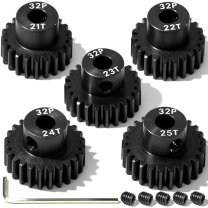 5Pcs 32P Hardened Steel Pinion Gear Set 5mm Shaft 21T 22T 23T 24T 25T Motor Pinion Gear with M4 Screw and Hex Key, for Arrma HPI Kyosho Losi Axial Traxxas Tamiya 1/10 RC Car and 540/550 Motors - size: 32P-HSP-5mm-21-25T