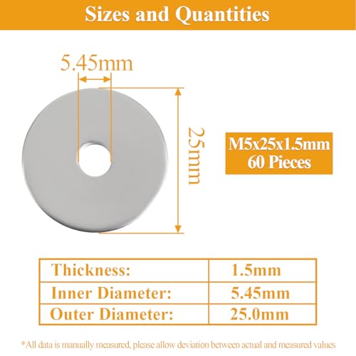 60 Pieces M5x25x1.5mm Fender Washers, 304 Stainless Steel Flat Washers, Fender Washers, Metal Washers for Screws Bolts - size: M5X25X1.5mm