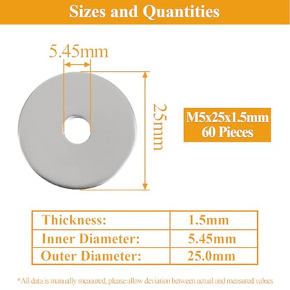 60 Pieces M5x25x1.5mm Fender Washers, 304 Stainless Steel Flat Washers, Fender Washers, Metal Washers for Screws Bolts - size: M5X25X1.5mm