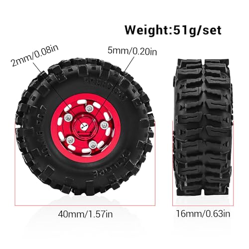 0.7 Inch RC Crawler Tires and Wheels Set 40×16mm for 1/30 Scale Axial SCX30 (Red) - color: Red