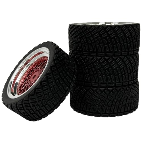 4PCS 65mm RC Rally Car Rubber Tires and Plastic Plating Wheel Rims Set 12mm Hex for 1/10 RC On-Road Rally Drift Racing Car for Tamiya HPI WR8 HSP TT02 WLtoys(Red Silver) - color: Red Silver