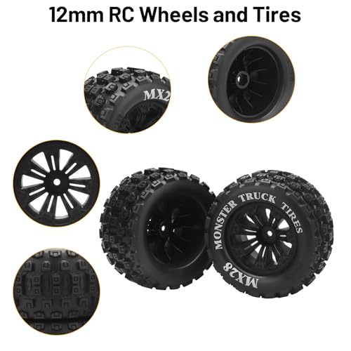 12mm Hex RC Wheels and Tires, daitoku MX28 RC Truck Tires for Traxxas Rustler Stampede Hoss 2wd 4x4 vxl Redcat RIAARIO AMORIL - Style B (Black) Not Glued
