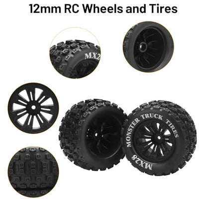 12mm Hex RC Wheels and Tires, daitoku MX28 RC Truck Tires for Traxxas Rustler Stampede Hoss 2wd 4x4 vxl Redcat RIAARIO AMORIL - Style B (Black) Not Glued