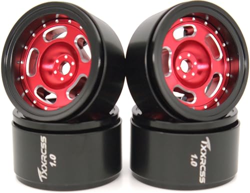RC 1.0 Beadlock Wheels Offsets -2 Aluminum Rims for AX24 1/18 TRX4M All 1/24 Scale SCX24 Deadbolt RC Crawler Car Wheels Upgrades 4Pc (Red & Black) - color: Red & Black