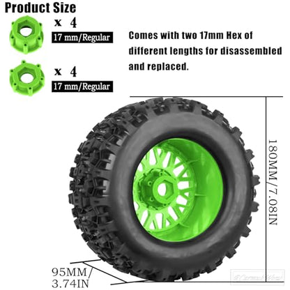 1/8 1/10 17mm Hex RC Truck Tires,Wheels and Tires for 1/10 E-Revo T-Maxx Summit,1/8 Kraton Outcast 6S,Sledge,Buggy Rubber Tyres and Rims w/Foam Insert for RC Off-Road Car,Green-Red - color: Green&red(4pcs)