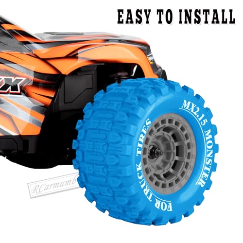 100 * 52MM 1/16 RC Monster Truck Tires 12mm Hex Adapters All-Terrain Traction Tires fit for Mini Maxx/Mini XRT, MJX 16207/16208/16209/16210,HSP 94186,E-Revo,L0S1,1/18 Mini LMT,Blue&Grey - color: Blue&grey(4pcs)