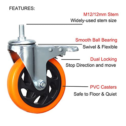 Heavy Duty Swivel Wheels, 3 Inch Yellow PVC Casters with Metric Stem M12-1.75x25mm Double Brakes Castors Safety Wheels up to 1200 Lbs/Set for Industry and Furniture Set of 4 - style: 5 Inch with Brake