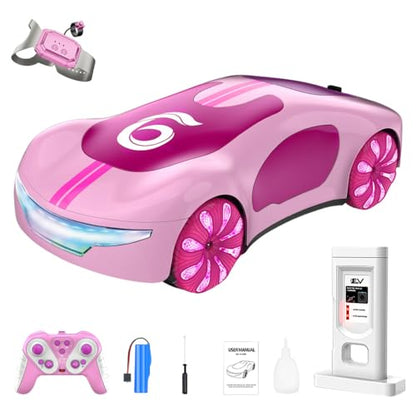 2.4G Gesture Sensing RC Stunt Car, LED Drift Racing Car with Spray Boost, USB Charging Station & Music Effects – 360° Flip Toy Gift (Handle+Watch RC Version) - color: Pink
