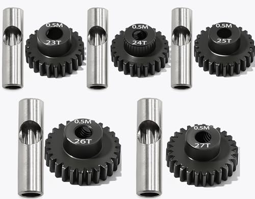 0.5M Pinion Gear 23T 24T 25T 26T 27T Hardened Steel 3.175mm Bore with 2.3mm Adapter, Gear for ARRMA 1/14 Typhon 1/16 Mojave 1/18 Granite, Losi 1/12, 0.5Mod Gear 13T-27T for HOBBYWING Motors - size: 23 24 25 26 27T, style: 5 Gears +5 Shafts Set