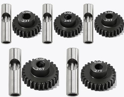 0.5M Pinion Gear 23T 24T 25T 26T 27T Hardened Steel 3.175mm Bore with 2.3mm Adapter, Gear for ARRMA 1/14 Typhon 1/16 Mojave 1/18 Granite, Losi 1/12, 0.5Mod Gear 13T-27T for HOBBYWING Motors - size: 23 24 25 26 27T, style: 5 Gears +5 Shafts Set