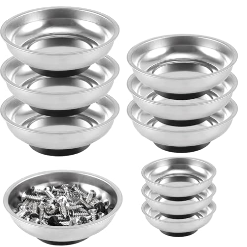 FUNSUEI 9 Packs 3/4/6 Inches Magnetic Tray Set, Stainless Steel Magnetic Bowl, Round Magnetic Parts Tray for Pins, Screws, Bolts, Nuts, Small Parts - color: Silver, size: 9 PCS 3/4/6 In