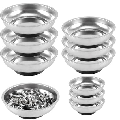 FUNSUEI 9 Packs 3/4/6 Inches Magnetic Tray Set, Stainless Steel Magnetic Bowl, Round Magnetic Parts Tray for Pins, Screws, Bolts, Nuts, Small Parts - color: Silver, size: 9 PCS 3/4/6 In