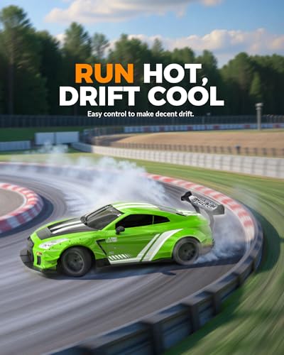 Drift RC Car, 1:20 Scale 2.4GHz 4WD 20KM/H Remote Control Cars | LED lights, drift tires & racing tires, 2 batteries, proportional throttle control - color: Green