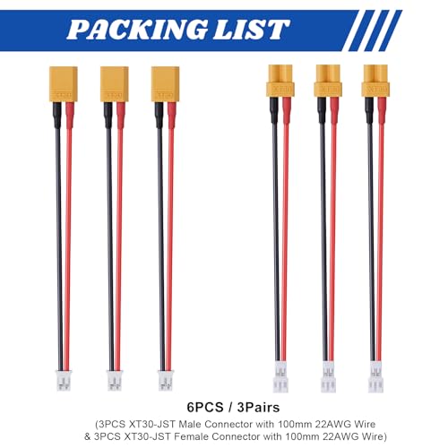 6PCS XT30 to JST PH2.0 Connector Plug Cable, XT30 Male Female Adapter Conversion Cable Wire 22AWG 10cm jst PH 2.0 Connector kit for RC Battery Plugs - size: XT30-JST 10cm 22AWG