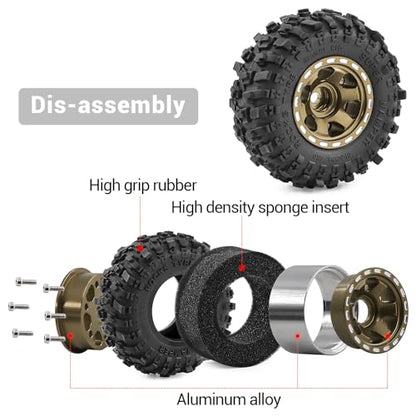 1.0" Beadlock Aluminum Wheels and 51mm Soft Rubber Tires | for SCX24, TRX4M, Ascent 18, FCX24, 1/18 1/24 RC Crawler, 7mm Hex, 0mm Offset, with Foam Inserts, (Bronze 101) - color: Bronze 101