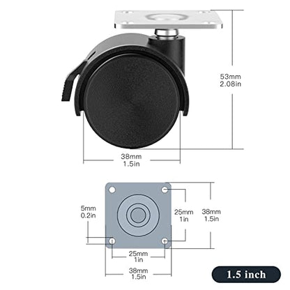 1.5 inch Caster Wheels, Casters Set of 4, Plastic Caster Wheels for Furniture, Plate Swivel Cart Casters with Brakes, File Cabinet Replacement Wheels (4 Pack Black) - style: 1.5 inch with brake