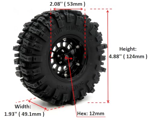 RC 2.2 Mud Slingers Tires 124mm Tall & 2.2 Beadlock Wheels Adjustable Offset 2.2 Rims Black For RC Mud Crawler Trail Gen7 Gen8 Everest 10 Axial Capra Wraith, (4-Pack, Assembled) - color: Black