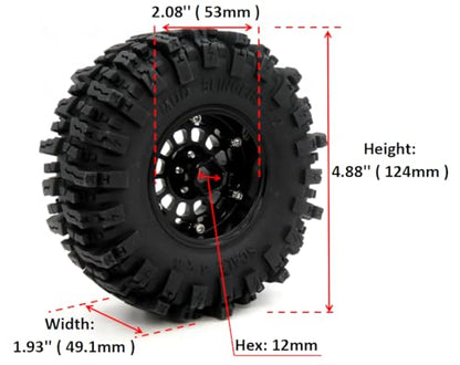 RC 2.2 Mud Slingers Tires 124mm Tall & 2.2 Beadlock Wheels Adjustable Offset 2.2 Rims Black For RC Mud Crawler Trail Gen7 Gen8 Everest 10 Axial Capra Wraith, (4-Pack, Assembled) - color: Black