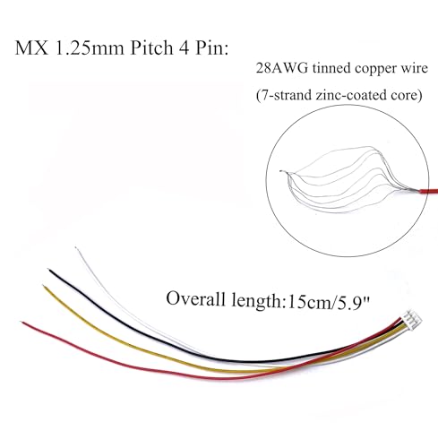 60 Pairs MX 1.25mm Pitch Plug Socket Set, Micro MX JST 1.25mm 4 Pin Male and Female Connector Kit with 28AWG 150mm Cable for PCB Wiring - size: 1.25mm Pitch-4Pin-15cm