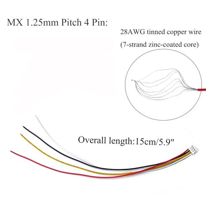 60 Pairs MX 1.25mm Pitch Plug Socket Set, Micro MX JST 1.25mm 4 Pin Male and Female Connector Kit with 28AWG 150mm Cable for PCB Wiring - size: 1.25mm Pitch-4Pin-15cm