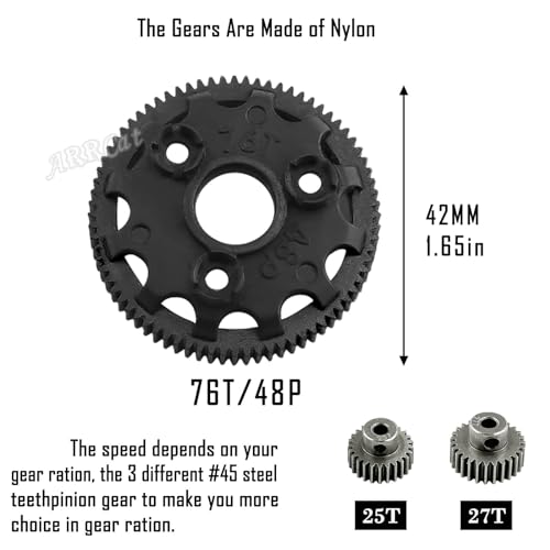 76T 48P Spur Gear with 25T 27T Pinions Gear & Slipper Clutch Upgrades Part for 1/10 Slash Rustler Stampede Bandit 2WD VXL,76T Spur Gear,Red