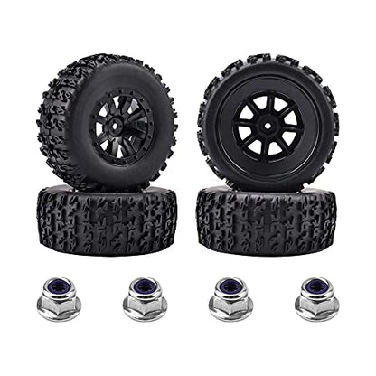 Hosim 1/10 RC Car Tires and Wheels with Foam Insert M4 Hex Hub for for Axial/SCX10/Losi TRX HSP CC01 D90 D110 Offroad Racing RC Truck Crawler 9mm Wheel OD 3.94 inch/100mm