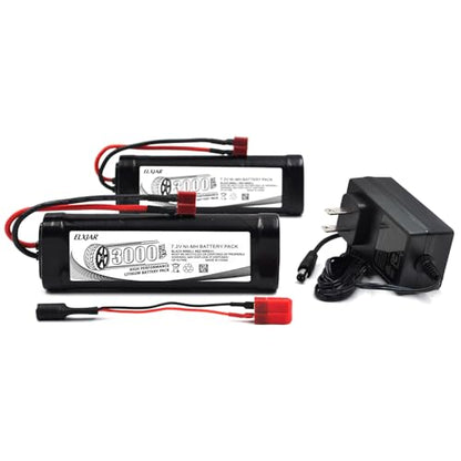 (2-Pack) 7.2V 3000mAh Ni-MH Battery with Connector for RC Vehicles | For LOSI, Associated, HPI, Kyosho and Tamiya RC cars, trucks, boats and buggies; includes 4.8V–12V Ni-MH/Ni-Cd charger. - color: 7.2V 3000mAh T-Plug