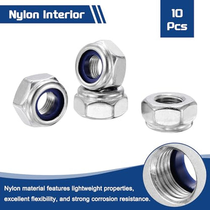 10Pcs Nylon Locking Hex Nuts - [M10-1], 304 Stainless Steel Hardware Nuts, Silver, for Automotive, Aerospace, Industrial Applications Use - color: Silver, size: M10x1mm