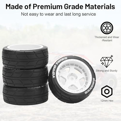 1/10 RC On Road Wheels and Tires, daitoku 12mm Hex RC Rally Racing Car Tires for HPI Ken Block's Tamiya XV01 TT01 TT02B Kyosho FAZER MK2 Lc Racing PTG HSP RGT RC 3RACING D5 (White) - color: White