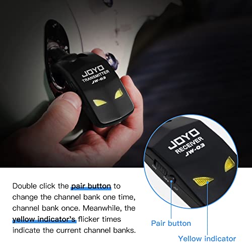 JOYO 2.4GHz Wireless Guitar System Rechargeable Transmitter and Receiver 4 Selectable Channels, 5ms Low Latency, 65ft Range, Up to 8 Hour Battery for Electric Guitar, Bass & Acoustic (JW-03) - style: 2.4GHz
