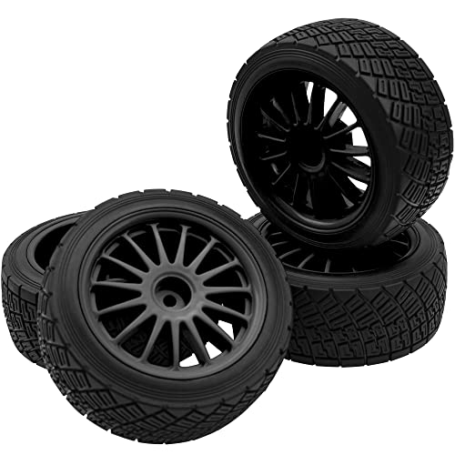 80mm/3.14" Rubber Tires & Plastic Wheel Rims 2.2 Inch 12mm Hex Hub Compatible with 1/10 HPI WR8 Off-Road Rally 1/14 WLtoys 124019 144001 1/16 Redcat Volcano RC Buggy (Black) - color: Black