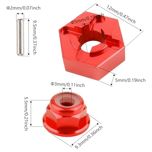 for H16BM RC Car Upgrade Aluminum Wheel Hex 16440 & Pins M20101 & M40 Wheel Lock Nut Spare Parts for 1/16 H16BM H16GT H16DR JC16EP and 1/14 H14BM 14209 14210 JC14EP 14301 14303 Trucks(Red) - color: Red