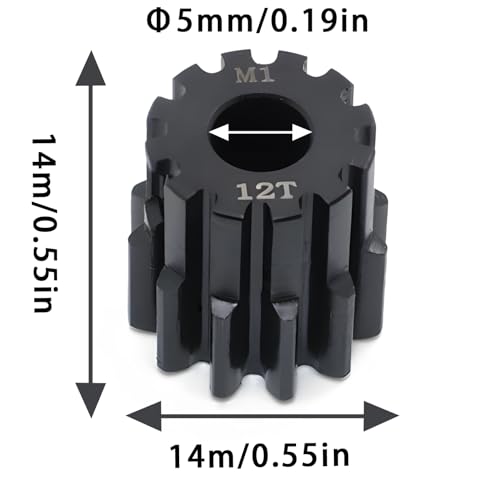 Steel Mod1 5mm Pinion Gear 1PCS, 11-28T M1 Pinion Gear Metal Hardened Steel Fit 5mm RC Motor Shaft with 3.175mm Coupler Compatible with 1/5 1/6 1/8 1/10 1/14 RC Brushless Brush Motor (12T) - size: 12T