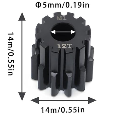Steel Mod1 5mm Pinion Gear 1PCS, 11-28T M1 Pinion Gear Metal Hardened Steel Fit 5mm RC Motor Shaft with 3.175mm Coupler Compatible with 1/5 1/6 1/8 1/10 1/14 RC Brushless Brush Motor (12T) - size: 12T