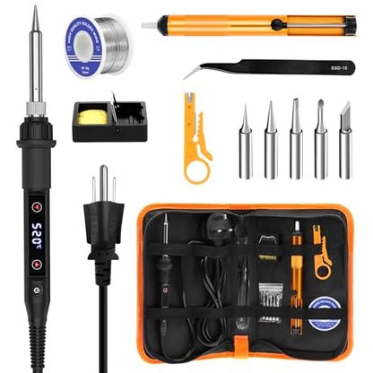 Soldering Iron Kit 80W LED Soldering Gun Adjustable Temp 356-968℉ | 15s Fast Heating Electronics Precision Repair Welding Tools with 50g Solder Wire, 5 Tips, Desoldering Pump, Stand, Tweezers