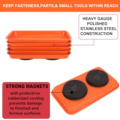 5 PCS Magnetic Trays, 9.4X5.5x1.4Inch, Magnet Tool Tray, Magnetic Parts Tray, orange, by GENHAKON - size: 5 PCS Rectangle Orange