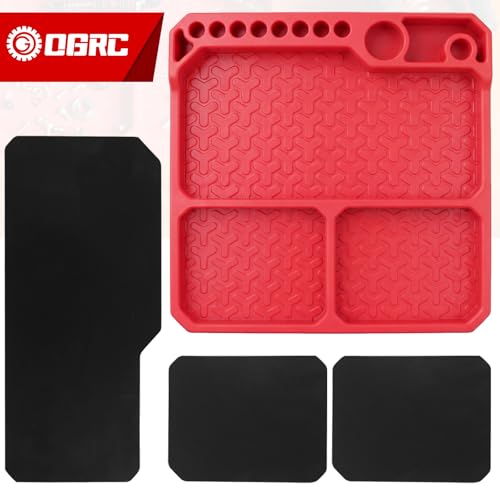 OGRC Silicone Tool Tray, Parts Organizer RC Screw Storage Plate Holder Mat | 160×160mm, with Detachable Magnetic Mats, Red - color: Red