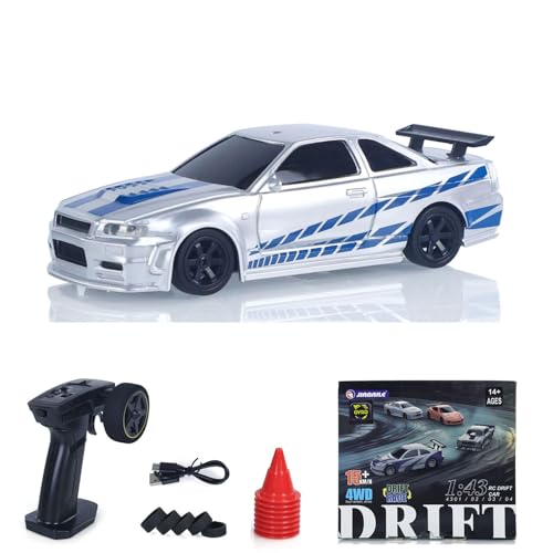 1:43 RC Drift Car 4WD High Speed Racing Vehicles 4304A 2.4GHz RTR Mini Car Model Radio Battery Lights Gyroscope Hobby Grade Model Birthday for Ages 14+ - color: Silver and Blue