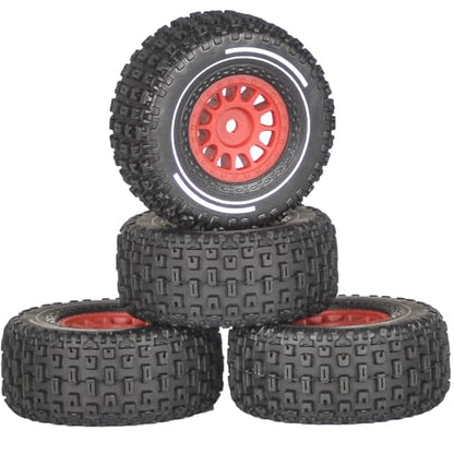 Pre-Glued 1/16 & 1/18 RC Truck Tires & Wheels - 12mm Hex 2.56" OD, Red | All-Terrain Tires for Traxxas Slash, ARRMA Mojave GROM, Tamiya, Kyosho, HPI - Durable Nylon Wheels for On/Off Road Bashing - color: Red