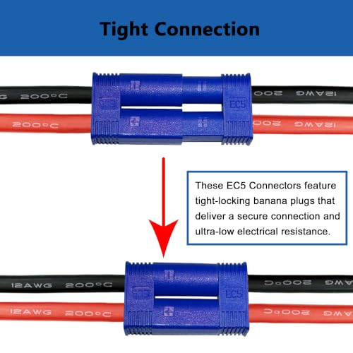 EC5 Connector with 12AWG 100mm Silicone Wire Cable 6PCS | Ready-to-use Upgraded EC5 Fale Female 5mm Bullet Cable, Compatible with RC Lipo Battery, FPV Drone, RC Car, Boat and ESC