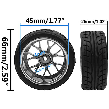 4Pack HIRCQOO 12mm Hex Plastic Wheel Rims & 2.59" Rubber Tires Set w/Foam Compatible with Traxxas Kyosho HPI Tamiya TT-01 TT-02 Sakura HSP 1/10 RC On-Road Touring Car (Red) - color: Red