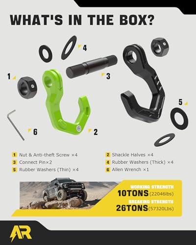 D Ring Shackles, 3/4" Separate Shackles with 7/8" Pin, Heavy Duty Recovery Shackle 57320lbs Break Strength, 4x4 Off-Road Recovery Towing Winch Shackles for Trucks, Black Green 2-Pack - color: Black Green