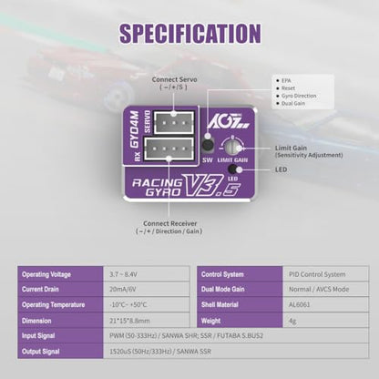 AGFRC 4g AVCS Gyro for RC Mini-Z Drift Car (GY04M V3.5 Purple) | CNC Case, 3.7-8.4V, 20mA, AVCS & Normal Dual Modes, 32-bit PID Control, for Mini-Z, Competition Grade RC Drifting - color: Purple