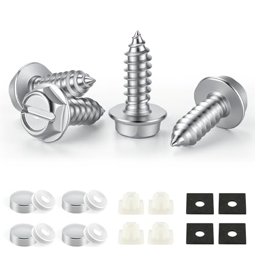 Rustproof License Plate Screws for Securing License Plates Frames and Covers on Cars and Trucks, 4 Sets Premium Stainless Steel Self Tapping Mounting Bolts, Silver - color: Slotted-Silver, size: 4 Pack