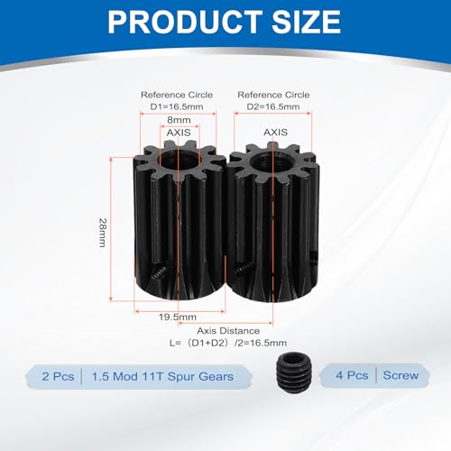 uxcell 2Pcs 1.5 Mod 11T Spur Gear 8mm Bore, 1045 Steel Pinion Gear Black Surface Treatment, 20°Pressure Angle, for Spur Rack and RC Model Car or Motor DIY - size: 1.5 Mod 11T, 8mm