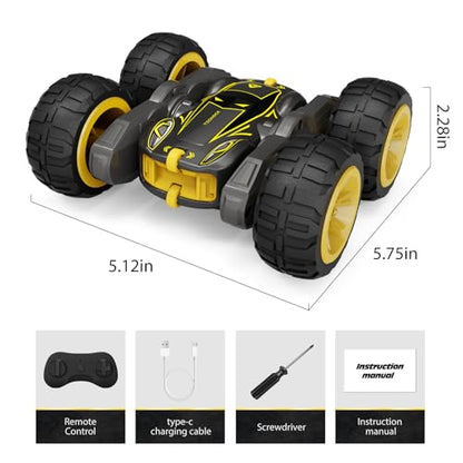 Tecnock Remote Control Car for Kids, 2.4GHz RC Cars with USB-C Easy Charging, 4WD Double Sided 360° Rotates and Flips RC Stunt Car, Toys Gift for Boys and Girls Ages 6-8, 8-12 - color: Yellow