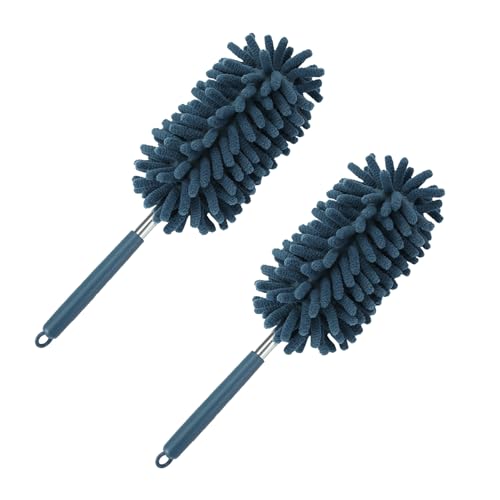2PCS Car Interior Duster with Extension Pole, Microfiber Retractable Dusters Auto Dash Cleaning Tool, Soft Chenille Hand Washable Dusters for Vehicle Window Office Furniture (Blue) - color: Blue