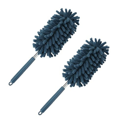 2PCS Car Interior Duster with Extension Pole, Microfiber Retractable Dusters Auto Dash Cleaning Tool, Soft Chenille Hand Washable Dusters for Vehicle Window Office Furniture (Blue) - color: Blue