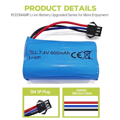 sea jump 2PCS 7.4V 600mah 2S Li-ion Battery with SM-3P Plug and USB Charging Cable Suitable for DE82 TK3086B G20601 RC Toy RC Car TK-3082B Special Effects Flipping Car Battery
